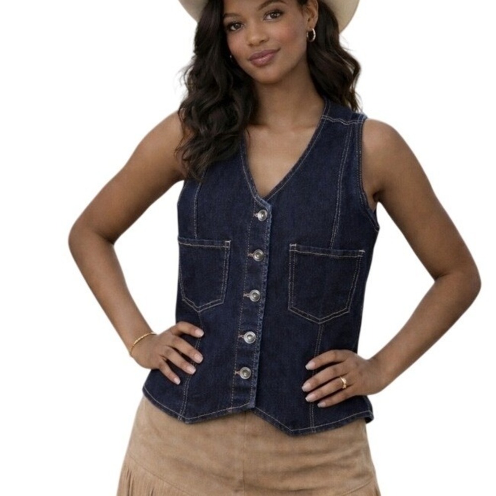 Western Denim Vest Rodeo Festival Cowgirl Button Front Blue Size L